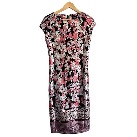 NWT Eci New York Metallic Silver Pink Floral Print Stretch Dress Workwear Size 4 - Picture 1 of 7